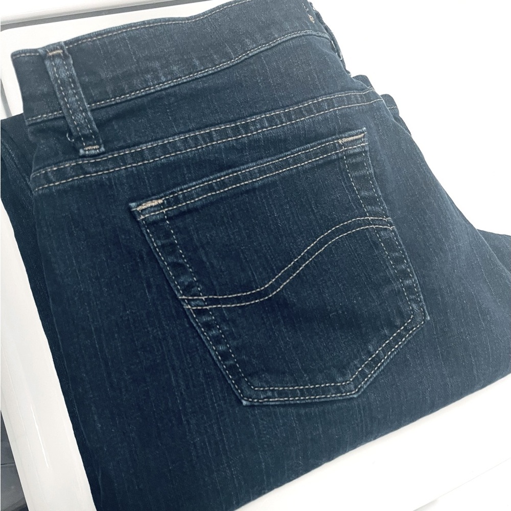 36" waist, 33 1/2" inseam Straight Leg Relaxed fit dark wash "at waist" Lee jean